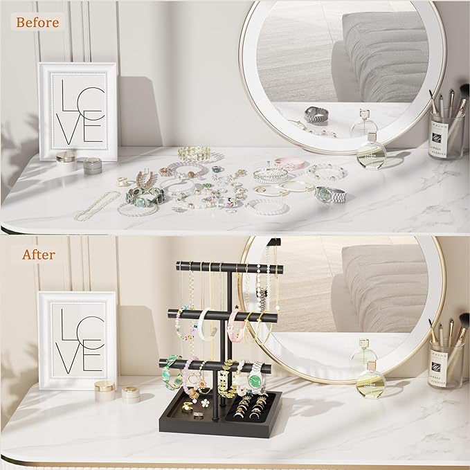 SZQINJI Bracelet Holder Display Organizer Stand, Necklace Holder Jewelry Holder Stand, Solid Wood Base with 3 Tier Metal T-bar for Bracelet Necklace Scrunchie Wristband Bangle Watch Ring, Black
