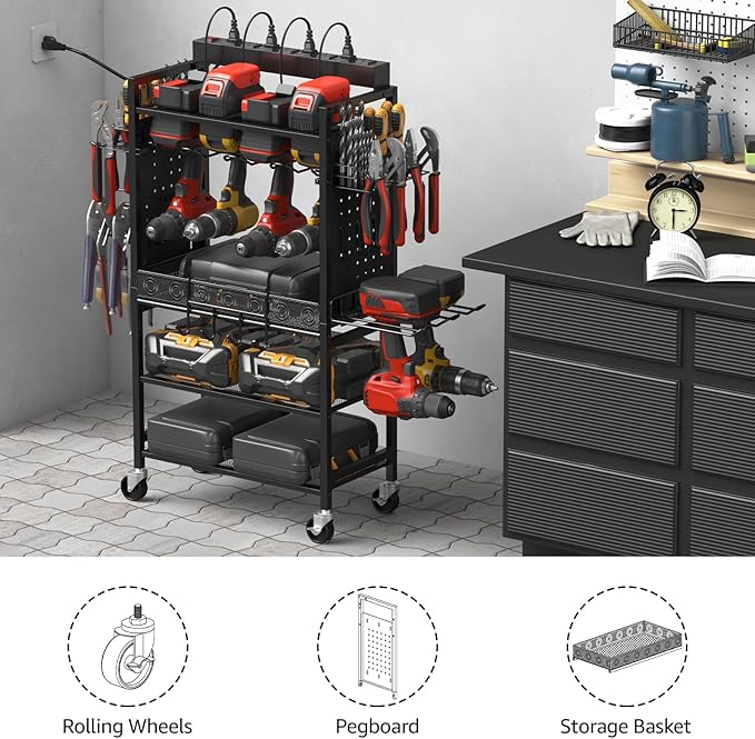 CCCEI Power Tool Organizer Cart with Charging Station, Garage Floor Rolling Storage Cart on Wheels for Mechanic, Mobile 6 Drill, Tool Box Utility Cart with Battery Charging Power Strip, Black