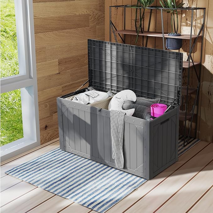 100 Gallon Outdoor Storage Box Waterproof,Resin Deck Box Storage Bin for Cushion Patio Furniture, Pool Accessories, and Garden Tools, Lockable & UV-Resistant, Grey
