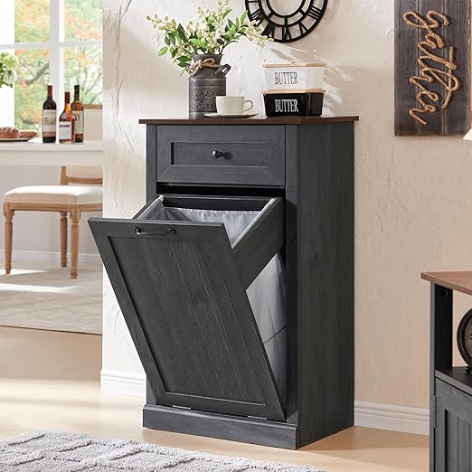 Tilt Out Trash Can Cabinet, 10 Gallon Farmhouse Laundry Hamper Cabinet with Drawer, Hidden Wooden Trash Garbage Can Bin with Storage Basket for Kitchen, Living Room (Dark Grey)