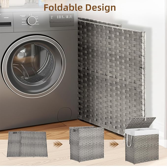 Woven Laundry Basket with Lid, Large Hamper with Removable and Machine-Washable Liner, Foldable Rattan Clothes Hamper, Sturdy Steel Frame, Odor Control, 90L Capacity, Dove Gray