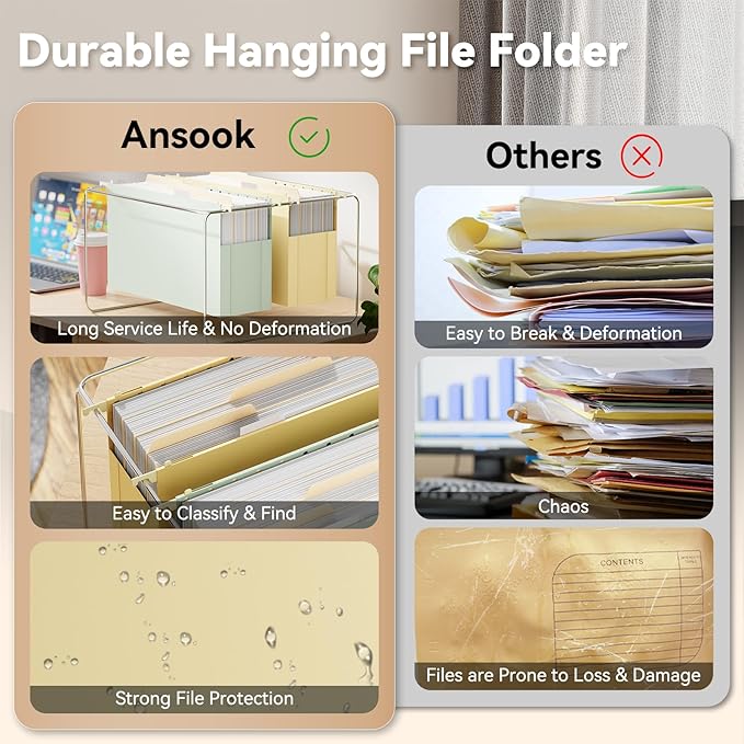 Ansook Legal Size Hanging File Folders,6 Pack Extra Capacity Expanding File Cabinet Folders,Heavy Duty 4" Legal File Folders Hanging with Tabs,Plastic Hanging File Organizer for Office School Home