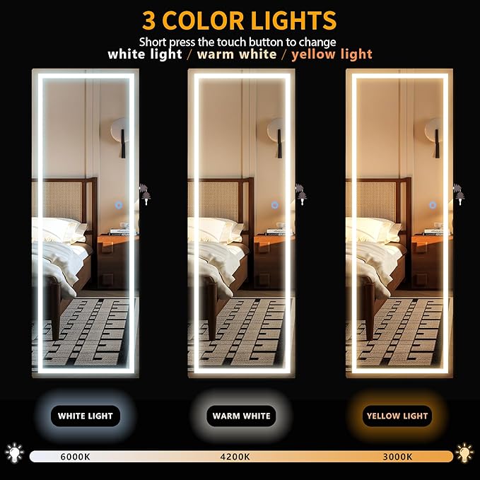 LVSOMT LED Mirror Jewelry Cabinet, Wall/Door Mount Jewelry Armoire Organizer with Lights, Full Length Mirror with Jewelry Storage, Over the Door Hanging Jewelry Cabinet (White)