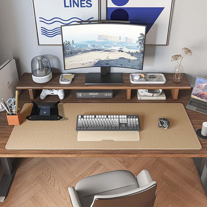 DAWNTREES Dual Sided Desk Mat,Leather Desk Pad,Black 40"x16",Cork Desk Mat Protector,with PU Leather Valet Tray Organizer,Large Mouse Pad,Desk Writing Pad for Office and Home