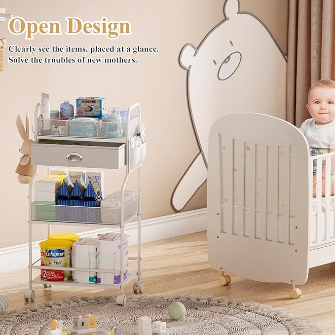 Baby Diaper Caddy Cart Organizer -3 Tier, Bedside Nursery Essentials Cart & Storage Holder for Newborn Baby Stuff, 2+1 Dividers, 1 Drawer,Rolling Utility Cart for Bedroom,Changing Table, Crib.