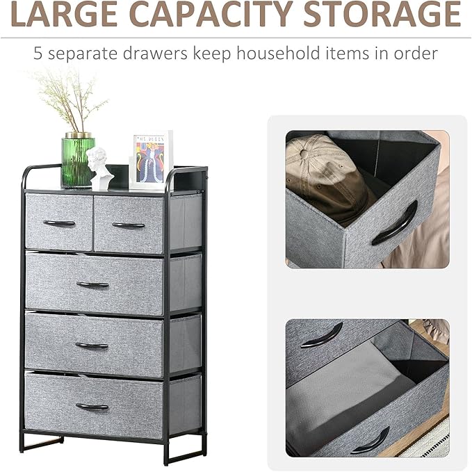 HOMCOM 5-Drawer Fabric Dresser Tower, 4-Tier Storage Organizer with Steel Frame for Hallway, Bedroom and Closet, Grey