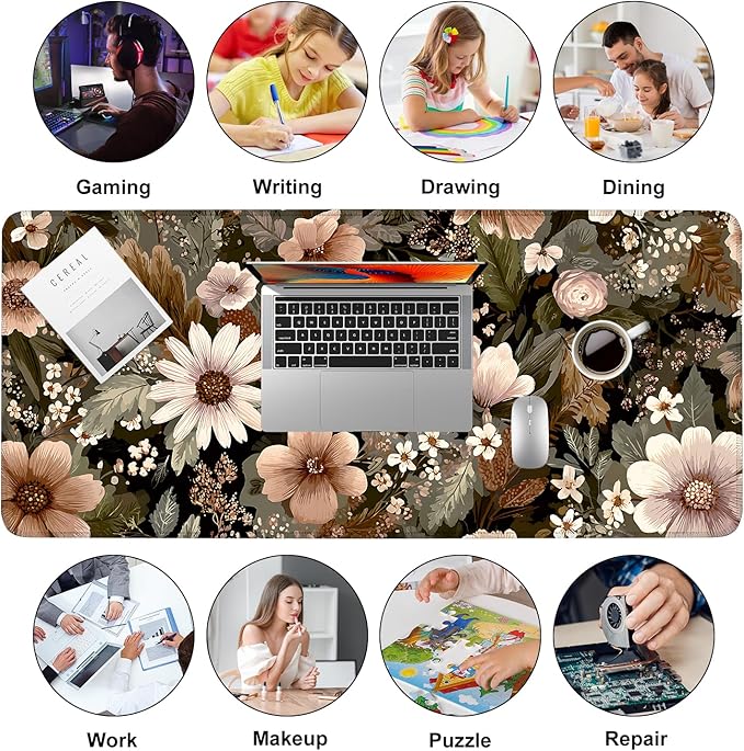 Vintage Beige Floral Mouse Pad – Large Extended Desk Mat 35.43 x 15.75 in – Neutral Retro Botanical Design, Non-Slip Rubber Base, Waterproof Surface, Oversized Keyboard & Mouse Pad for Office or Home