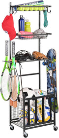 PLKOW Sports Equipment Storage for Garage, Indoor/Outdoor Sports Rack for Garage, Ball Storage Garage Organizer with Basket and Hooks,Toy/Sports Gear Storage