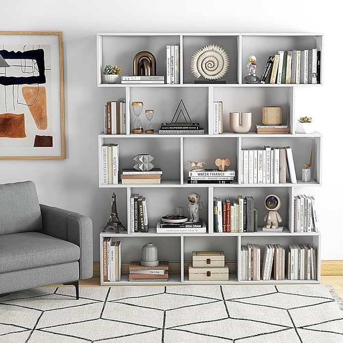 5-Tier Geometric Bookcase Set of 2, 62.5” Freestanding Room Divider Bookshelf with Open Display Shelves & Anti-tip Device, Wood S-Shaped Storage Organizer for Living Room, Bedroom & Home Office