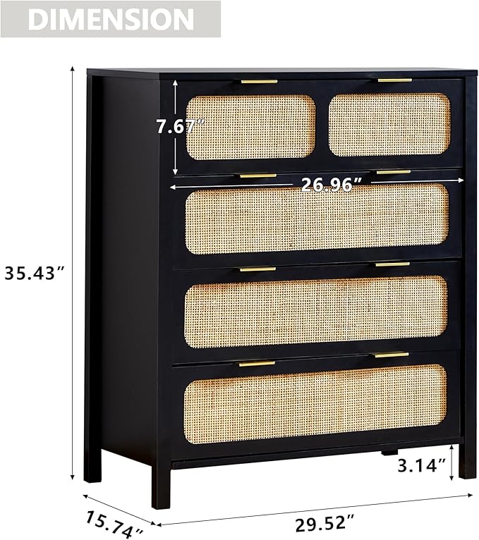 4 Drawer Dresser with Rattan Finish, Modern Farmhouse Chest of Drawers with Metal Handles, Accent Wood Storage Cabinet for Bedroom, Living Room (Black-4 Drawers)