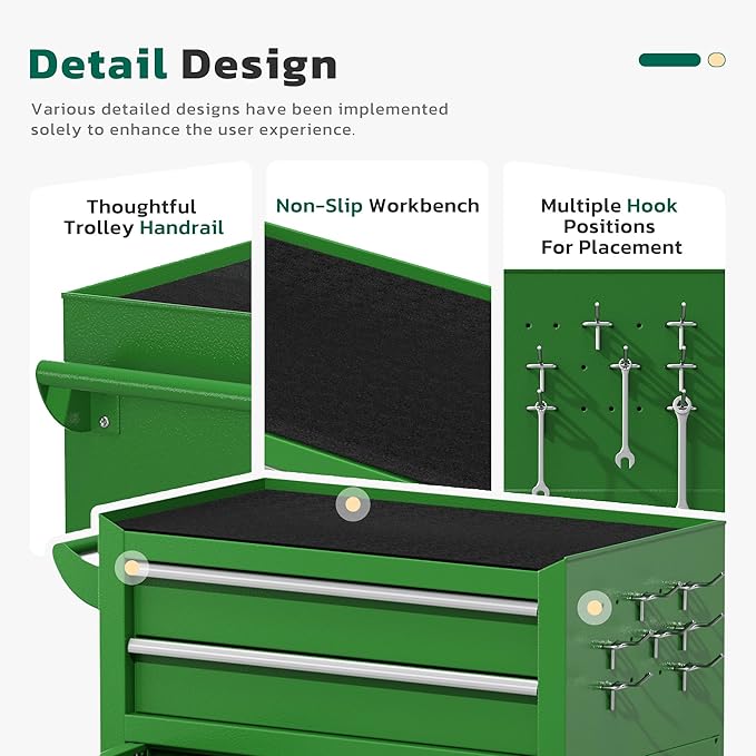 Greenvelly Tool Chest, 8-Drawer Rolling Tool Chest with Hooks and Lockable Wheels,Metal Storage Detachable Top Tool Box with Lockable Wheels for Garage,Workshop,Art Studio(Green)