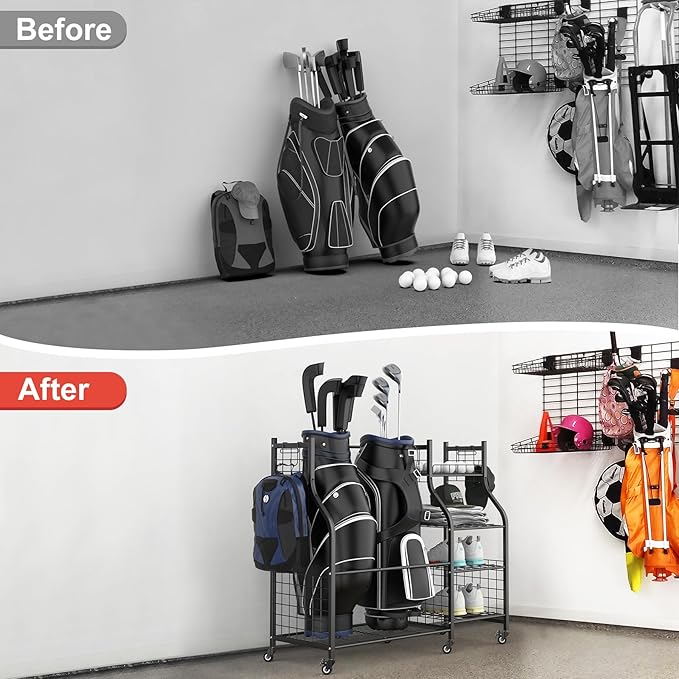 WALMANN Garage Golf Bag Storage Organizer Stand, Extra Large Golf Bag Stand with Golf Accessories Storage Shelves Rolling Golf Bags Organizer