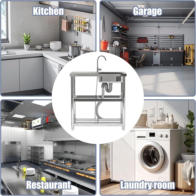 Outdoor Garden Free Standing Utility Stainless Steel Sink, Portable Single Bowl Washing Hand Basin Station Sink, with Drainboard Storage Shelves for Camping, Garage, Restaurant, Kitchen, Bar
