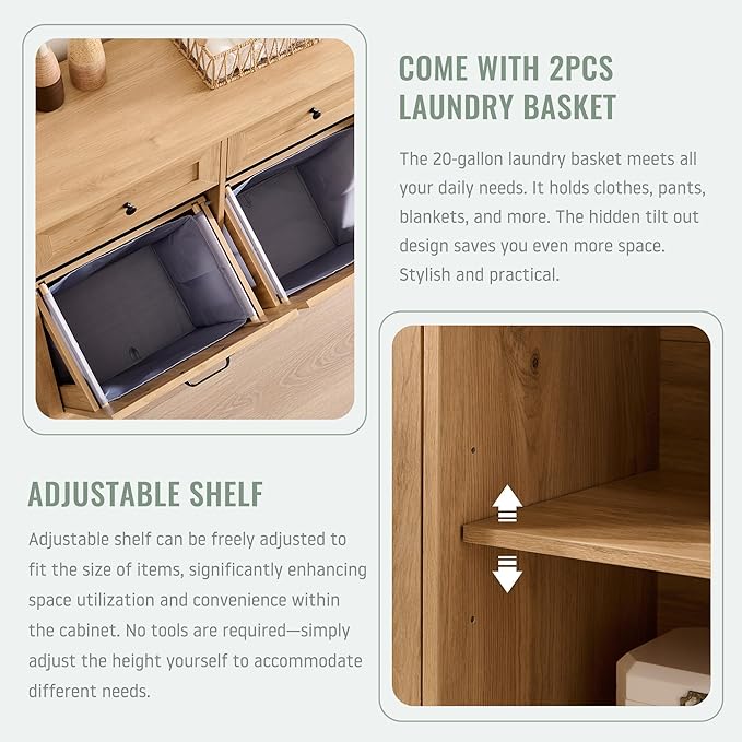 Triple Tilt Out Laundry Hamper Cabinet, 20 Gallon Farmhouse Trash Can Cabinet w/Drawer & Adjustable Shelf, Hidden Garbage Can Bin Cabinets w/Laundry Basket for Bathroom, Kitchen (Natural)