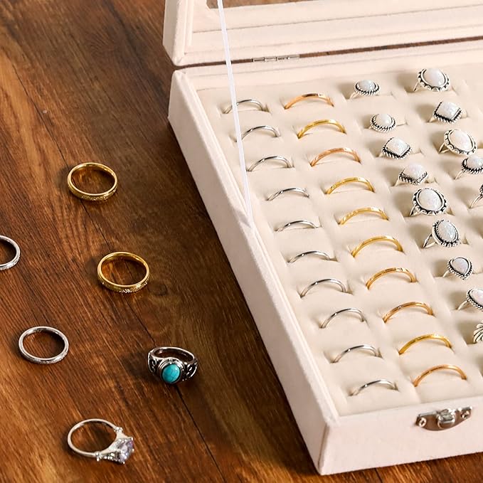 Frebeauty Ring Organizer Tray 100 Slots Ring Holder with Clear Lid Velvet Storage Box Jewelry Tray for Jewelry Store Earring Display Case for Jewelry Show Studs Box for Women(Beige)