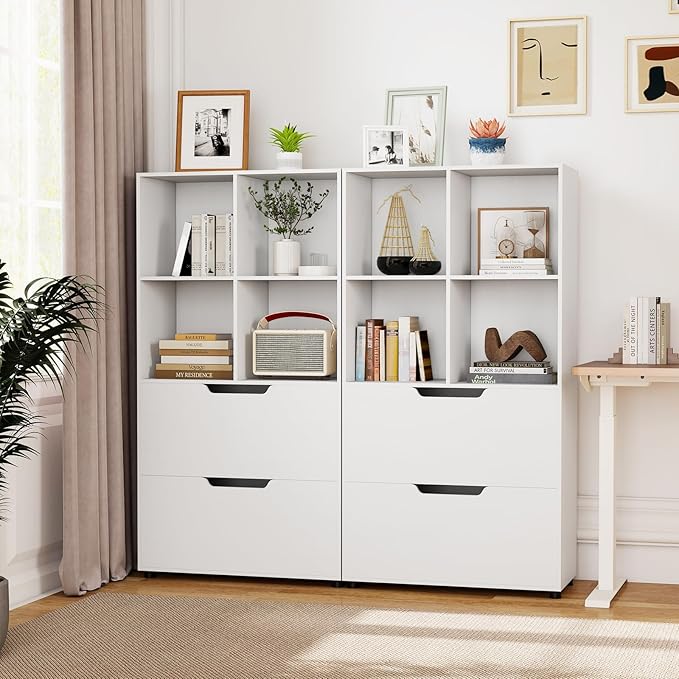 GOFLAME 4-Tier Bookcase with 2 Drawers, 51” Tall Bookshelf with 4-Cube Open Shelf, Wood, Modern, Freestanding Display Storage Organizer Shelf for Living Room, Home Office (1,White)