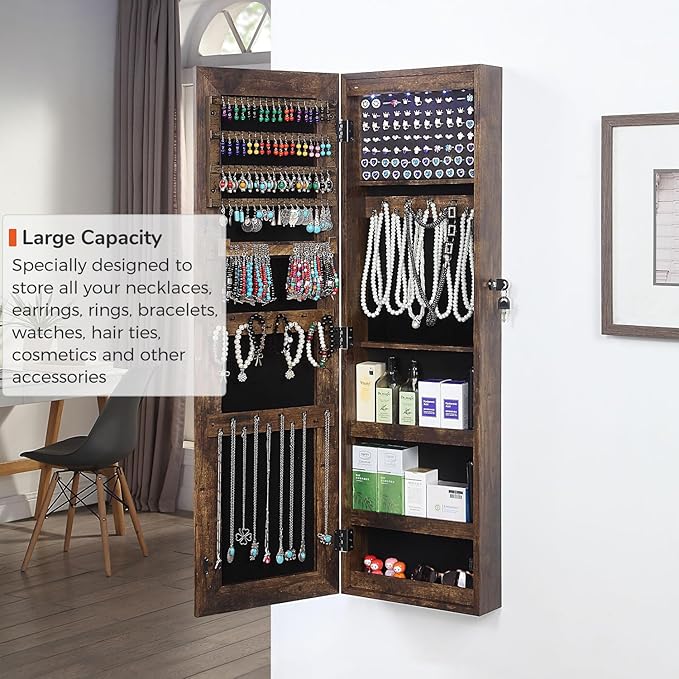 GISSAR Full Length Mirror Jewelry Cabinet, 6 LEDs Jewelry Armoire Wall Mounted Over The Door Hanging, Jewelry Organizer Display Storage Furniture with Lights Locker Mirrored Cabinet, Vintage Brown