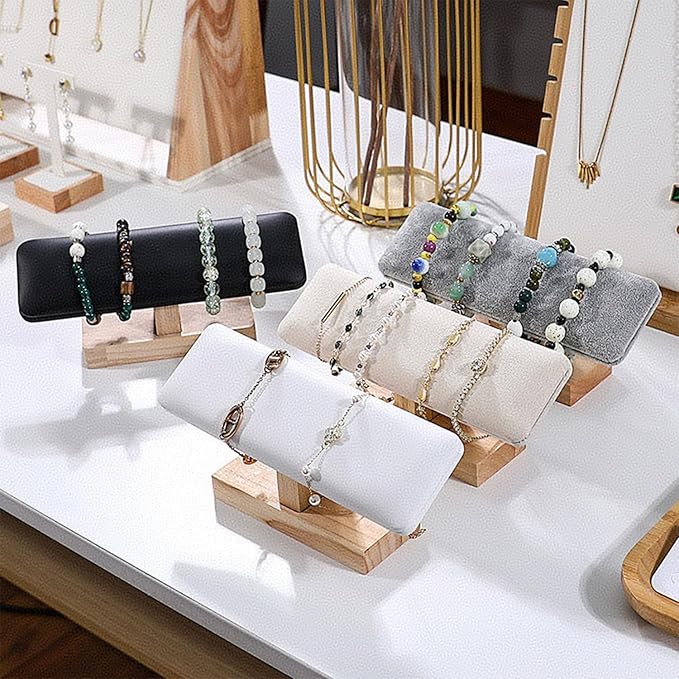 Wooden Watches Display Tower Base Watch Neck Bracelet Organizer Rack Bangle Scrunchie Headband Showcase Tower Beige Suede