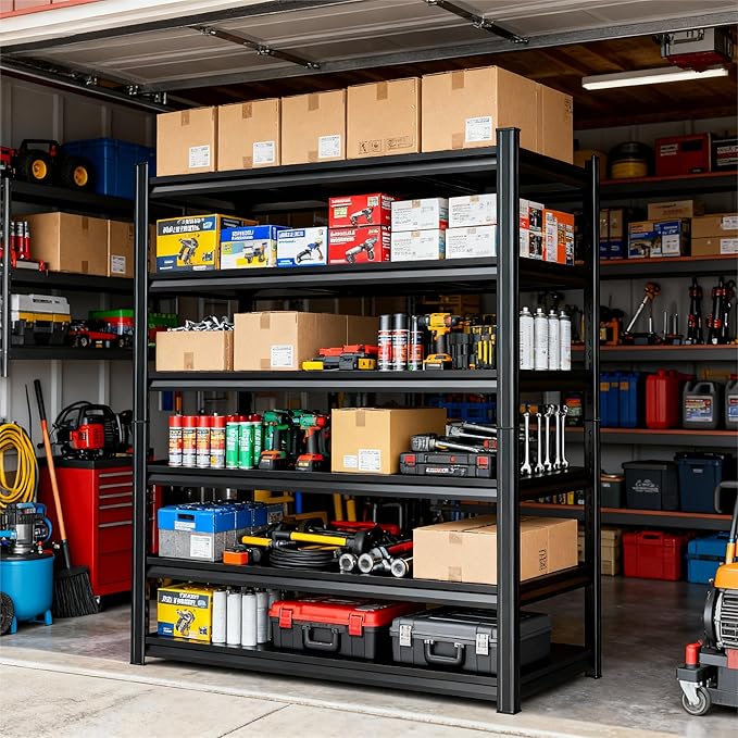 Storage Shelves, Garage Metal Shelving Unit, Adjustable, Double-Layer Column with Reinforced Ribs, Heavy-Duty, Capable of Bearing 600-3600 lbs (Black, 45''W*20''D*82''H, 6-Tier)