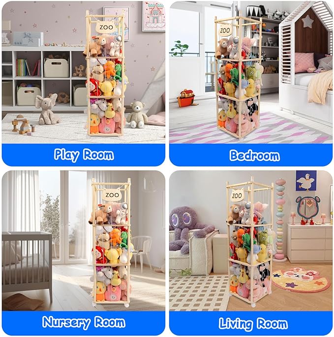 Stuffed Animal Storage, Wood Stuffed Animal Zoo Storage, Space Save Stuffed Animal Holder, Plush Toy Storage Organizer with Brake Wheels for Bedroom Playroom Nursery Bedroom