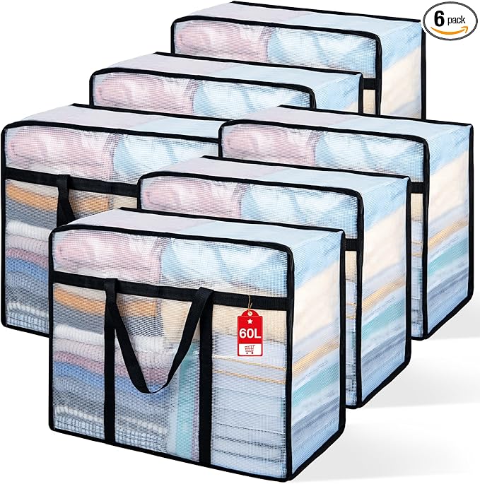 6 Pack Clear Blanket Storage Bags with Zipper, Vinyl Foldable Moving Bags Closet Organizers and Storage Containers for Bedding, Blankets, Comforters, Clothing, Toys, Quilt, Duvet, 60L