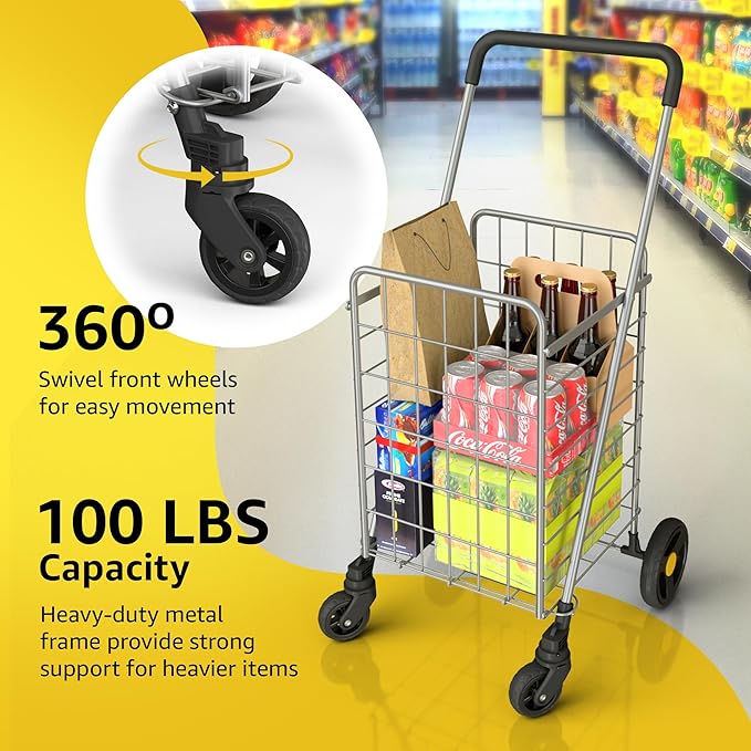 Shopping Cart w/Waterproof Basket Liner & 360° Swivel Wheels | Foldable Collapsible & Lightweight | Perfect for Groceries Laundry Utility Cart - Silver