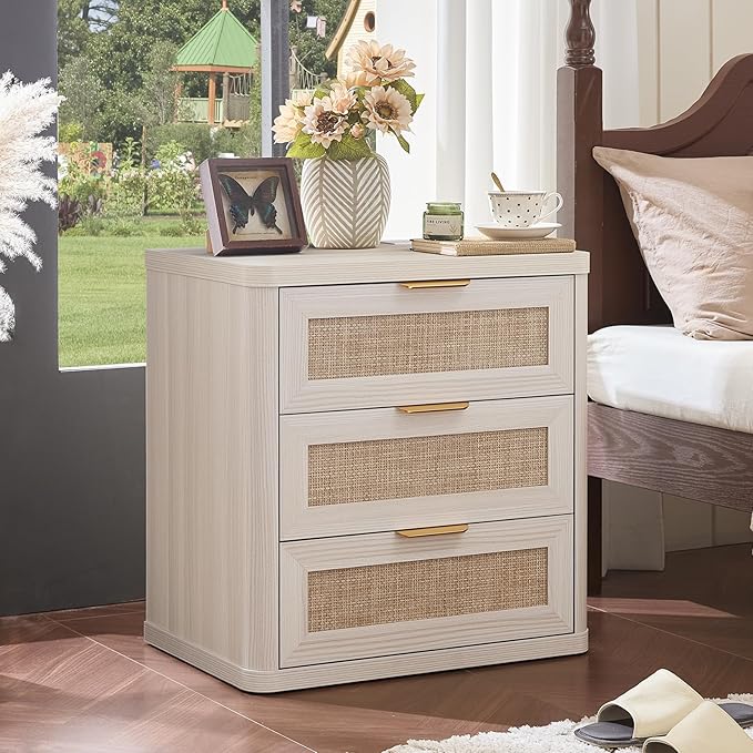 LEYAOYAO Rattan Night Stand Set of 2 with Charger Station, 23" Large 3 Drawer Boho Nightstand, Grey White Bedside Table Storage Cabinet, Bed Side End Tables for Bedroom, Living Room, Hallway