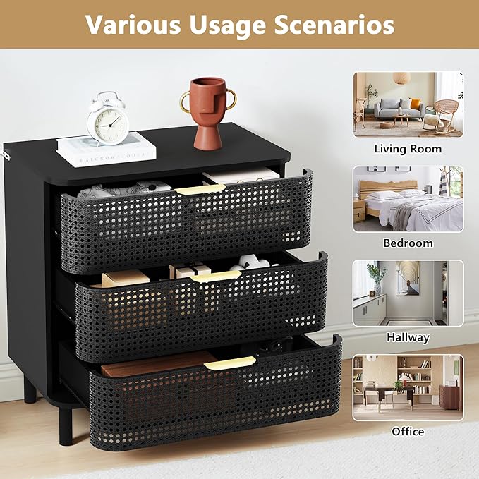 ORRD 3 Drawer Dresser, Modern Iron Rattan Cabinet Dresser for Bedroom, Large Nightstand Accent Storage Chest of Drawers for Living Room, Bedroom - Black