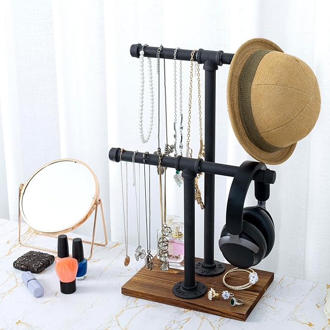 MyGift Adjustable 2-Tier Industrial Jewelry Display Stand - Rustic Metal Pipe & Brown Wood Base for Necklaces, Bracelets, Watches - Home & Boutique Decor (11.75" H)
