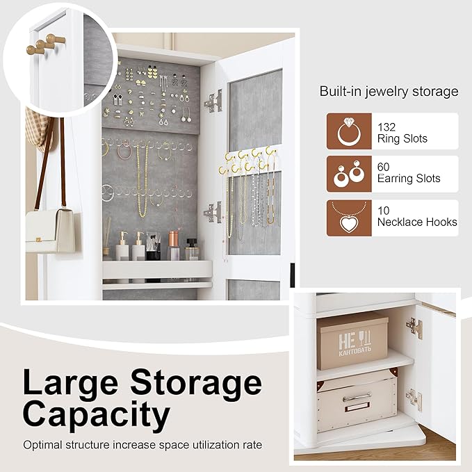 Montary 360° Rotating Makeup & Jewelry Cabinet with Full-Length Mirror - Standing Storage Organizer with Coat Rack, 4-Tier Open & Built-in Shelves, White