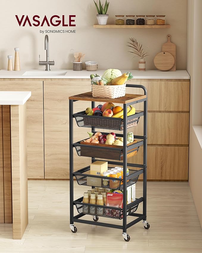 VASAGLE Storage Cart with Pull-Out Baskets, 5-Tier Kitchen Cart with Wheels, Handle, 12.5 x 15.8 x 37.4 Inches, Rustic Brown and Ink Black ULRC041K01