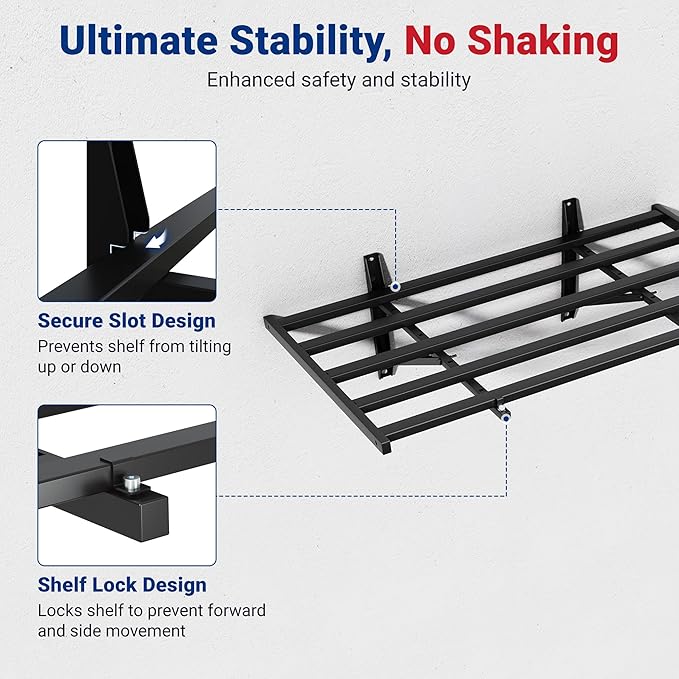 FLEXIMOUNTS 2x4ft Heavy Duty Garage Wall Shelving, 2-Pack Garage Shelving Wall Mounted with 8 Hooks, 400lbs Capacity, Storage for Power Tools, Garden Supplies, Storage Bins, Lite Series