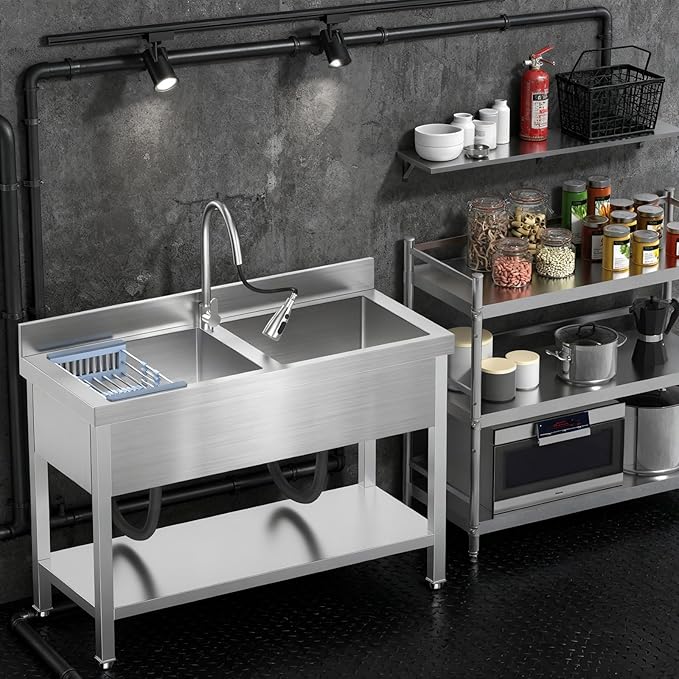 Stainless Steel Utility Sink Commercial Stainless Steel Double Bowl Utility Sink with Faucet, Drainboard & Lower Shelf - Heavy Duty Kitchen Prep & Cleaning Station for Restaurant, Garage, Laundry Room