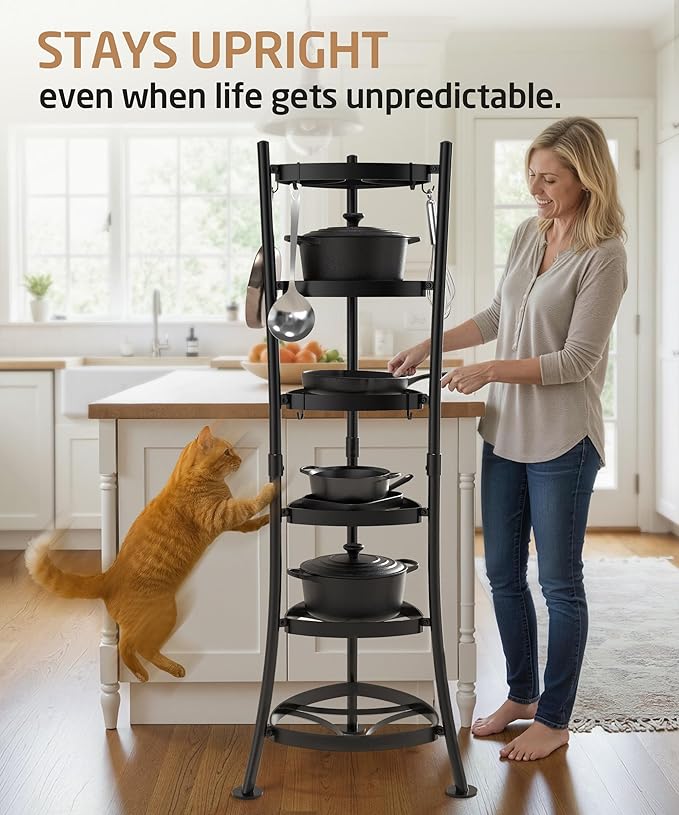 KES 264 Lbs Capacity Freestanding Pot Rack, 6-Tier Cast Iron Cookware Stand with 6 Hooks, Pots and Pans Storage Tower for Kitchen, Stable Base, Anti-tip Strap & Floor Protectors Black, KUR531S6-BK