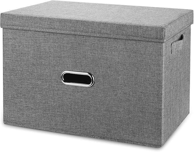 Linen Fabric Collapsible Storage Bins with Removable Lids and Handles, Washable Storage Box Containers Baskets Cube with Cover for Bedroom,Closet,Office,Living Room,Nursery (Grey, Medium)
