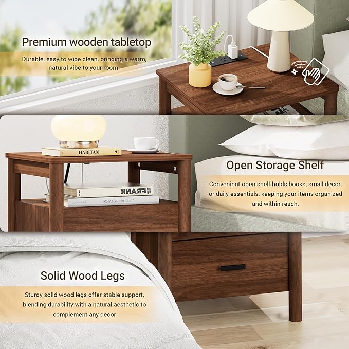 Night Stand with Charging Station, 20" Large Modern Side Table with Solid Round Post Legs, 2 Drawers Nightstand with Open Shelf, End Table/Bedside with Storage for Bedroom, Walnut