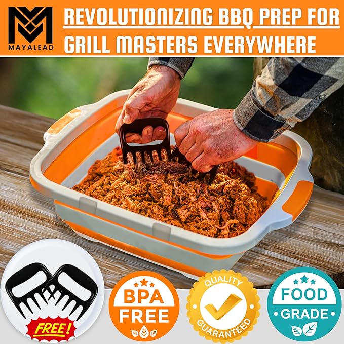 MAYALEAD BBQ Prep Tub with 2 Pcs Meat Shredder Claws, Collapsible Cutting Board, Cutting Board with Locking Lids, Drip Easy BBQ Prep Tub with lid-XL Size (Orange)
