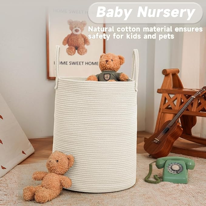 Large Woven Laundry Basket Hamper,100L Cotton Rope Storage Bin for Blankets,Toys and Clothes,Decorative Tall Nursery Hamper for Living Room,Baby Nursery,Bathroom and Bedroom,White