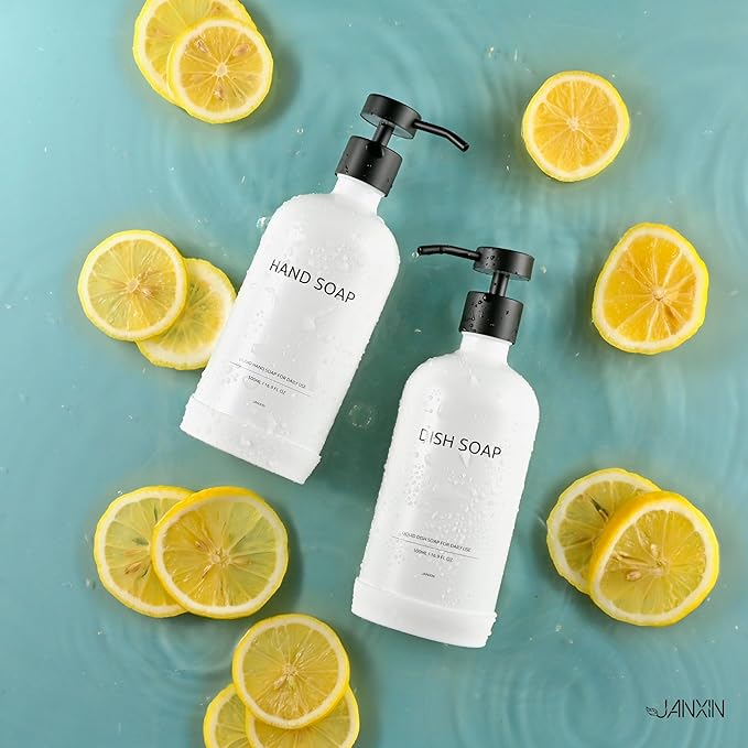 Glass Kitchen Soap Dispenser Set with Ceramic Tray,16.9 floz Hand and Dish Soap Dispenser for Kitchen and Bathroom Decor (White Bottles + Black Pumps)