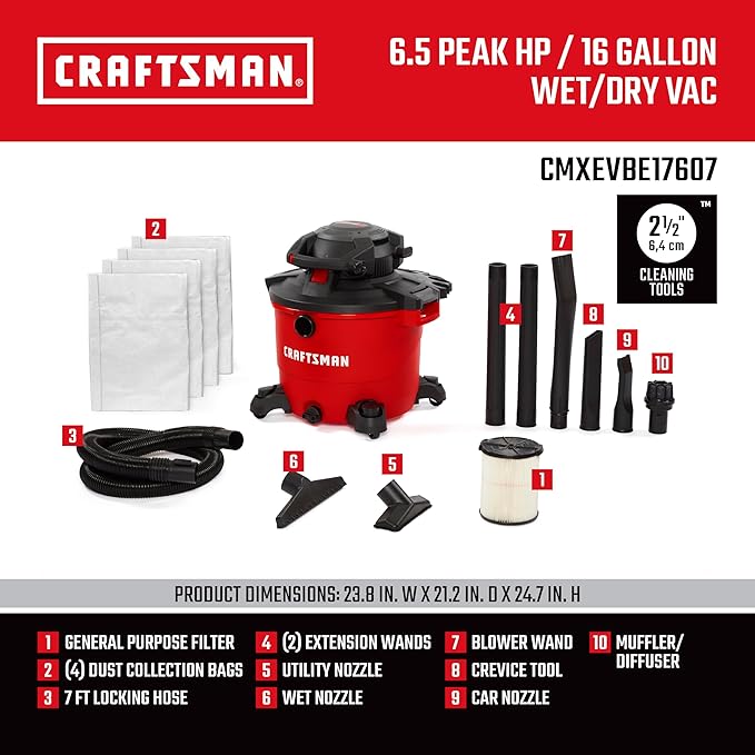 Craftsman CMXEVBE17607 16 Gallon 6.5 Peak HP Wet/Dry Vac with Detachable Leaf Blower, Heavy-Duty Shop Vacuum with Attachments and Dust Collection Bags