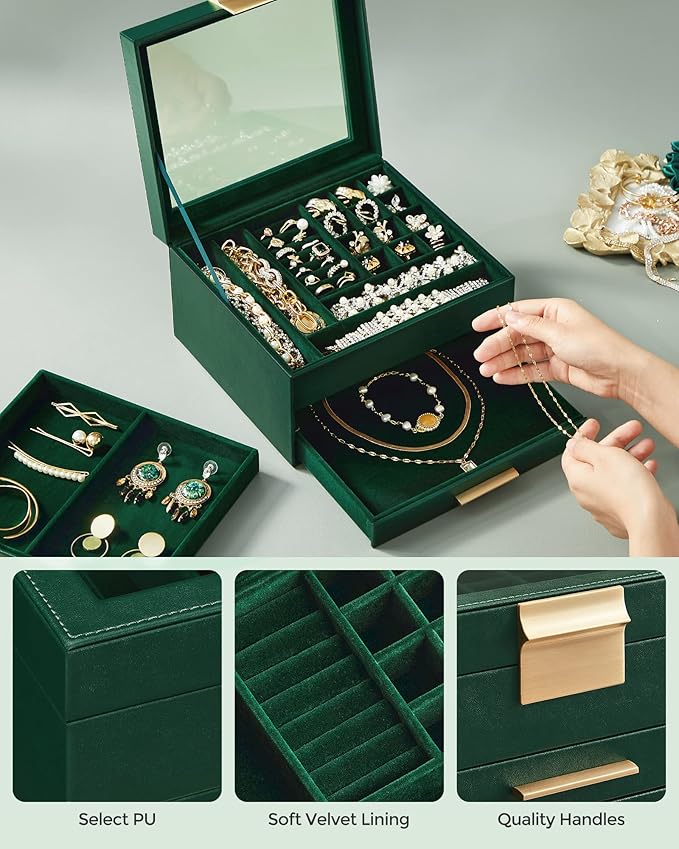 SONGMICS Jewelry Box Organizer with Glass Lid, 3-Layer Jewelry Storage, with 2 Drawers, Modern Style, Christmas Gift, 8 x 9.1 x 5.3 Inches, Forest Green and Gold Color UJBC239C01