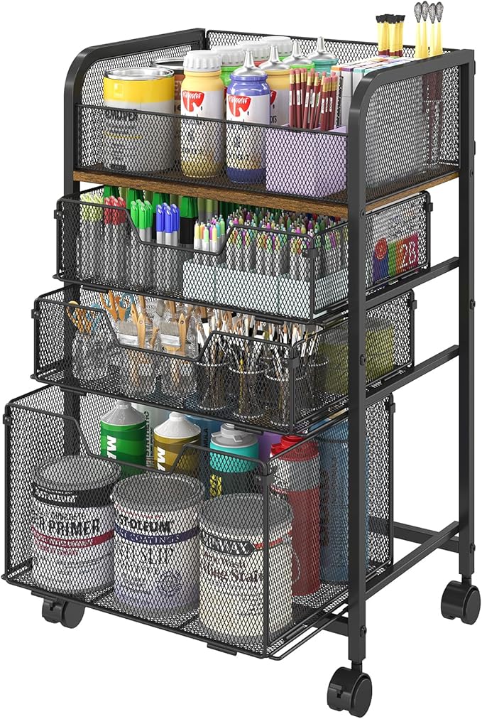 4-Tier Rolling Utility Cart with 3 Drawers - Craft Organizers and Storage with 360° Lockable Wheels,Art Supply Storage Organizer for Art Supplies, Store for Brushes & Paints & Artifacts Small Parts
