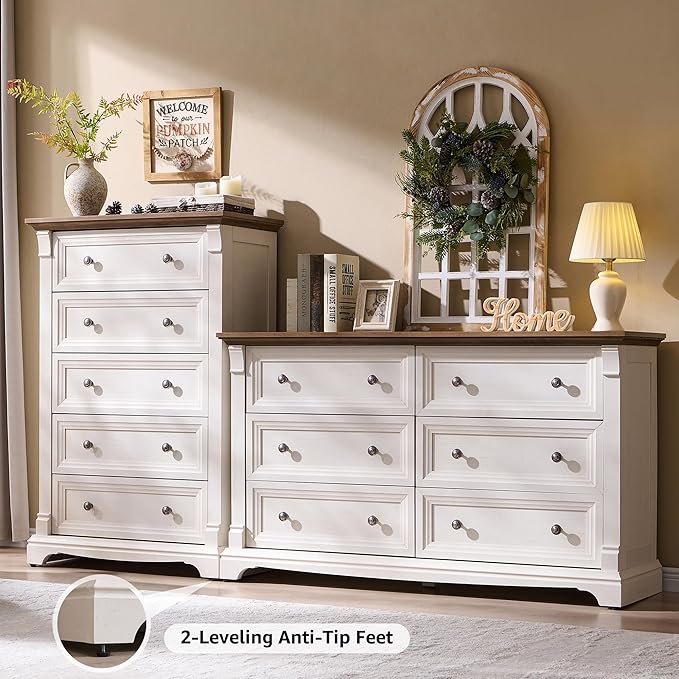 Farmhouse 6 Drawers Dresser for Bedroom, 54" Wide Large Dressers & Chests of Drawers w/Roman Column, Wooden Dresser TV Stand with Large Drawers for Nursery Bedroom Living Room Hallway, Antique White