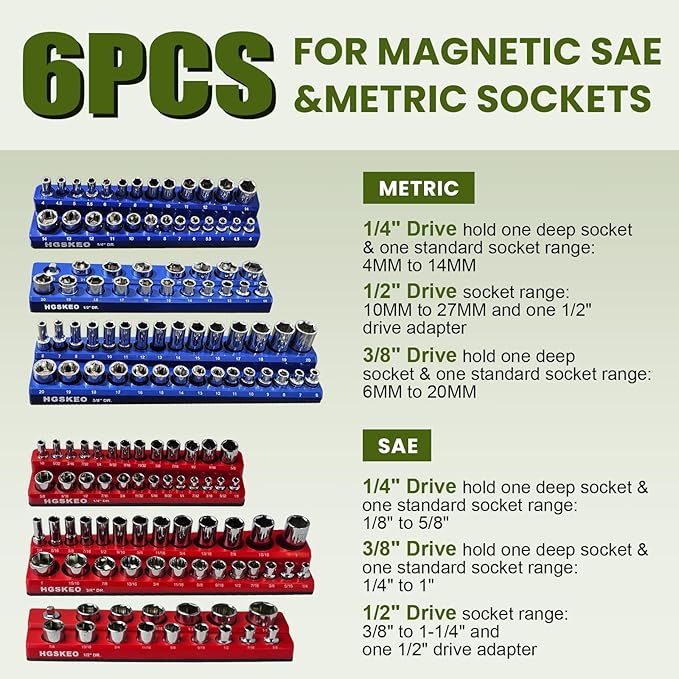 Magnetic Socket Organizer Set, 6 Pcs Red SAE and Blue Metric Socket Tray Set for 1/4", 3/8" & 1/2" Sizes Drive, Socket Holder Holds 143 Sockets for Tool Box