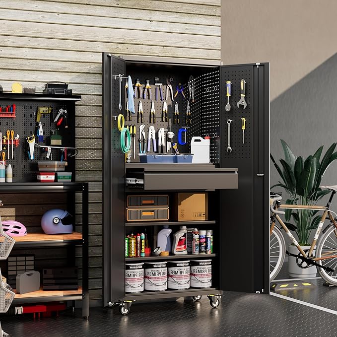 Aobabo Metal Storage Cabinet with Wheels and Adjustable Pegboard, Steel Rolling Tool Cabinet with 16 Hooks and 1 Interior Drawers for Garage, Home, Office, Kitchen, Black, Assembly Required