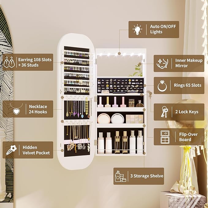 LVSOMT LED Mirror Jewelry Cabinet, Wall/Door Mount Jewelry Mirror Organizer, Rounded Full Length Mirror with Storage, Lockable Jewelry Armoire, 16" Wide, Foldable Shelf, Interior Mirror, White