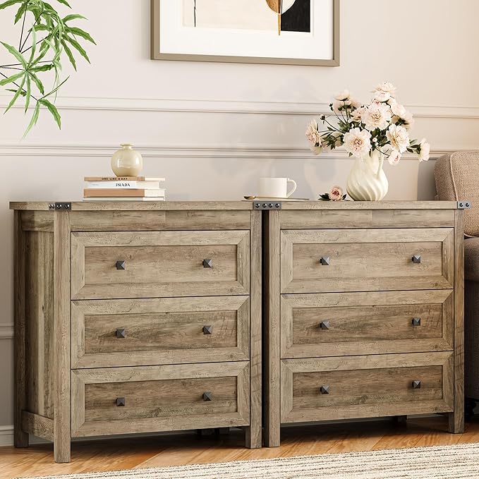 Dresser for Bedroom with 3 Drawers, Small Chests of Drawers, 27.55" Wide Farmhouse Wood Nightstand Bedside Cabinet End Table, Modern Closet Storage Organizer for Living Room, Entryway, Hallway, Grey