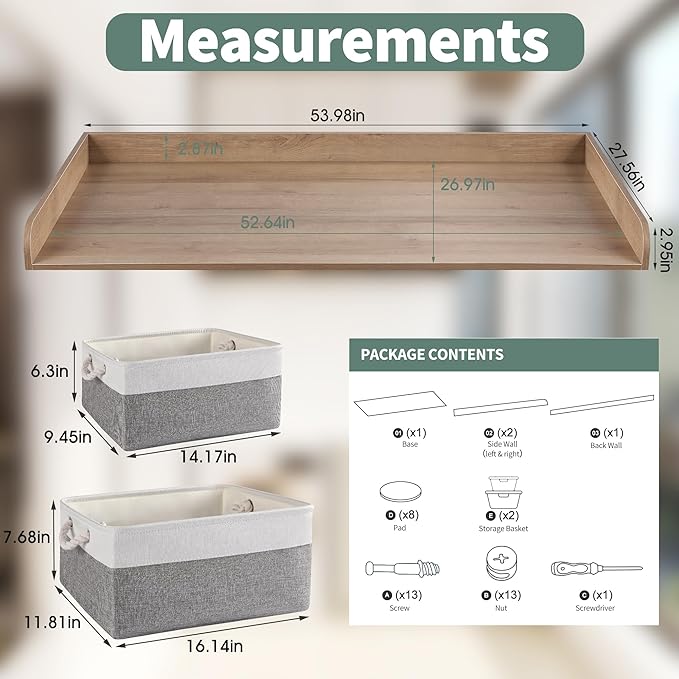 Washer Dryer Countertop with 2 Pack Storage Baskets, Wood Washer and Dryer Countertop with Non-Slip Pads/Edge Rails for Laundry Room Storage and Organization, 27.5" W x 54" L(Woodcolor)