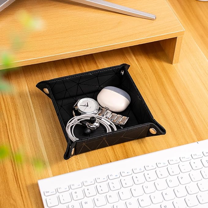 PU Leather Valet Tray for Mens and Women Catchall Tray for Keys,Watch,Jewelry Small Nightstand Bedside and Entry Table Tray Gift for Dad Husband (BlackChequer)