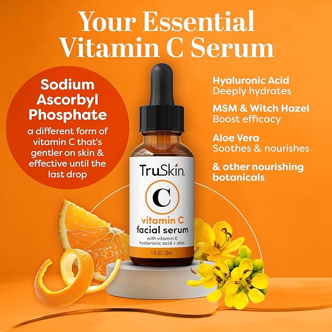 TruSkin Vitamin C Serum For Face – Anti Aging Face Serum with Vitamin C, Hyaluronic Acid, Vitamin E – Brightening Formula – Improve Appearance of Dark Spots, Tone, Fine Lines & Wrinkles, 1 Fl Oz